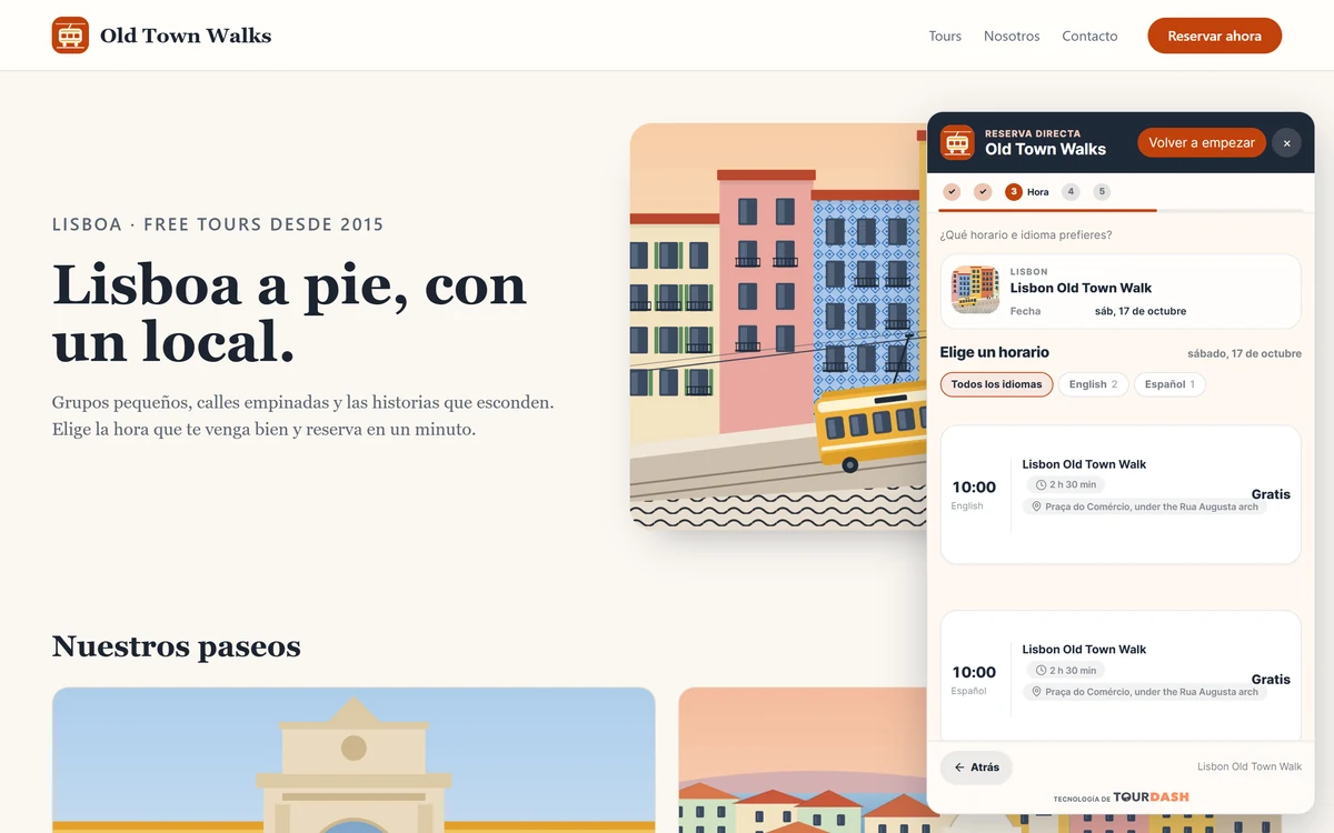 Una web de tours con el widget abierto en una ventana flotante en la esquina inferior derecha, en el paso de la hora.