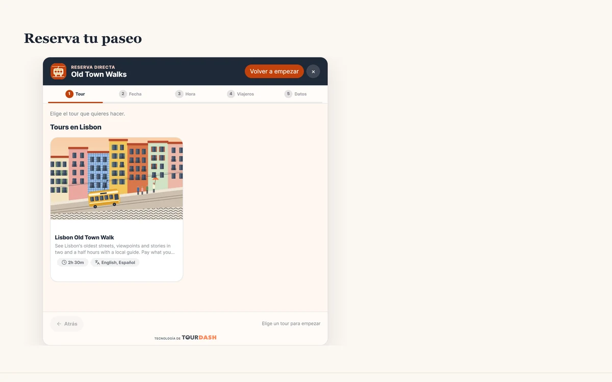 La sección Reserva tu paseo de la web, con el widget integrado en la página.