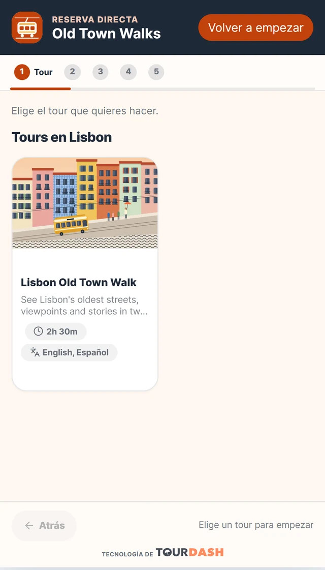 El enlace de reservas en un móvil, en el paso del tour, con Lisbon Old Town Walk.