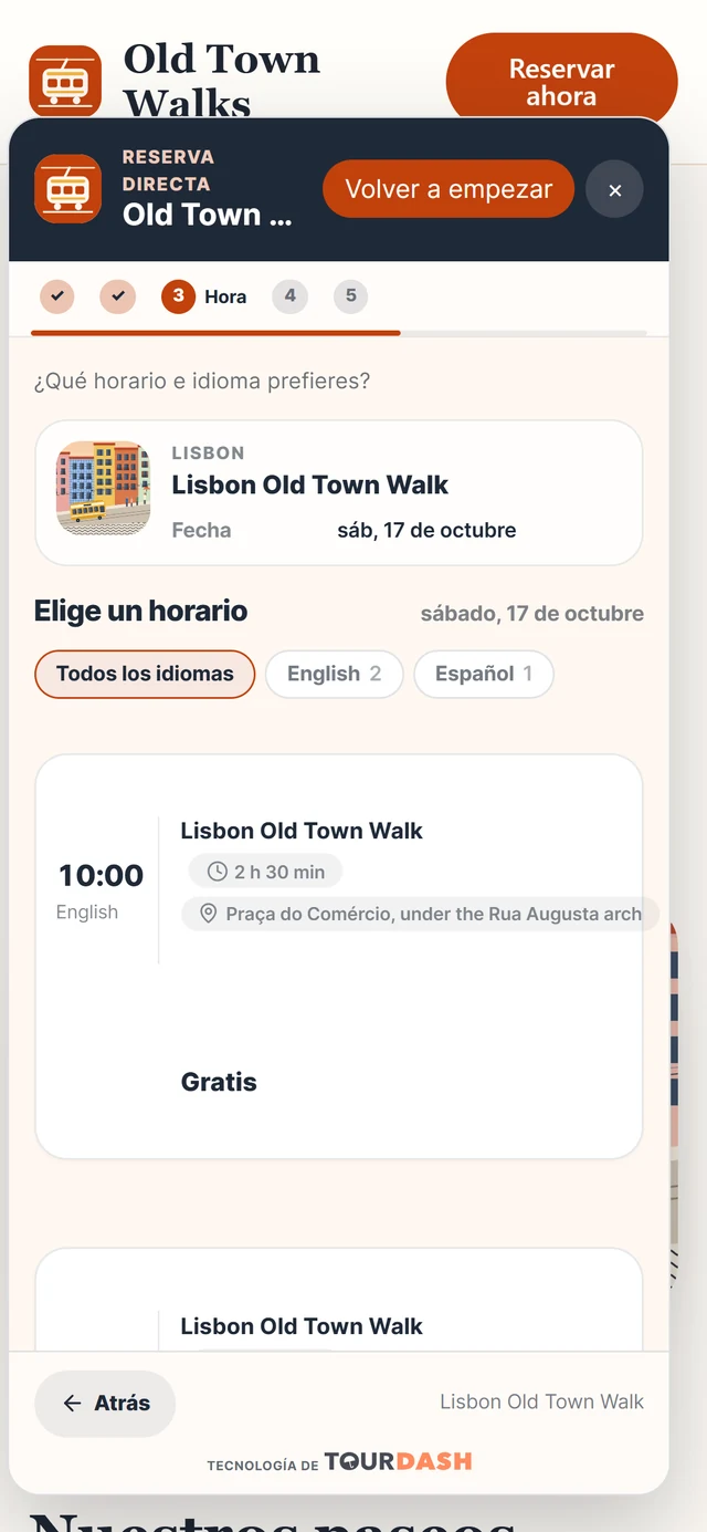 El widget en un móvil, en el paso de la hora: filtros de idioma y una salida gratis a las 10:00 en inglés.