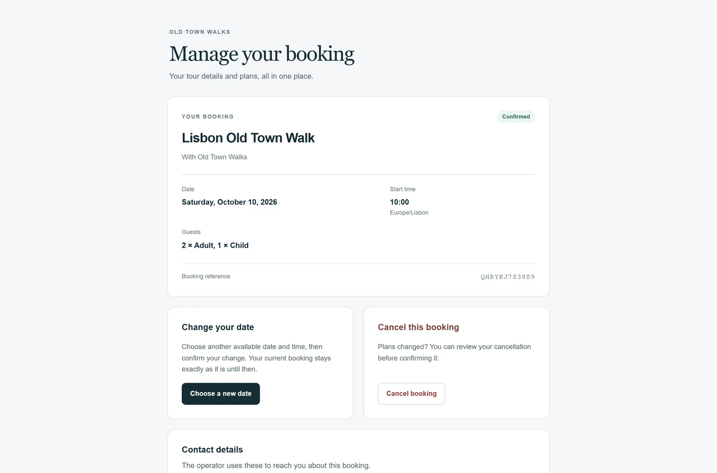 Manage your booking: a confirmed Lisbon Old Town Walk on Saturday 10 October at 10:00 for 2 adults and 1 child, with Change your date and Cancel this booking.