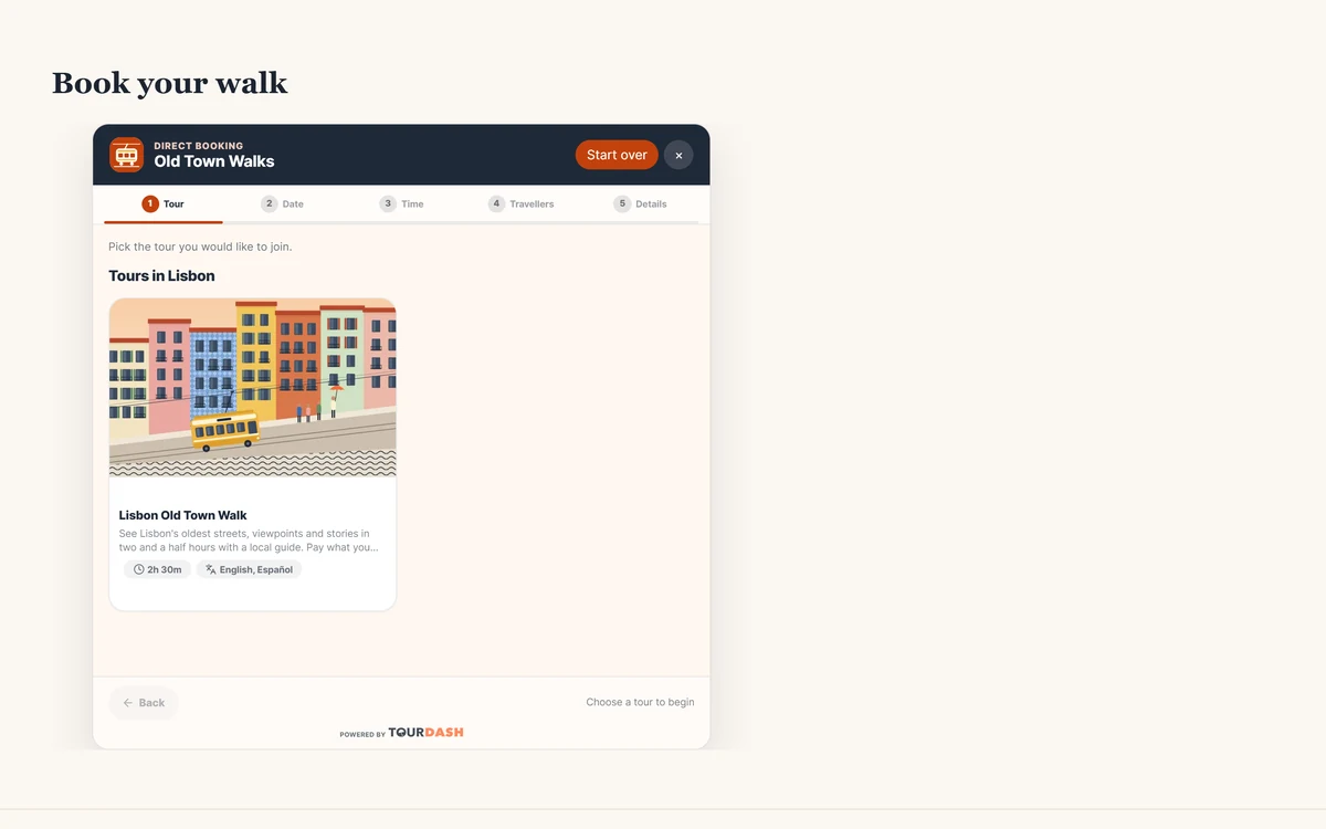 A Book your walk section of the website with the widget built into the page.