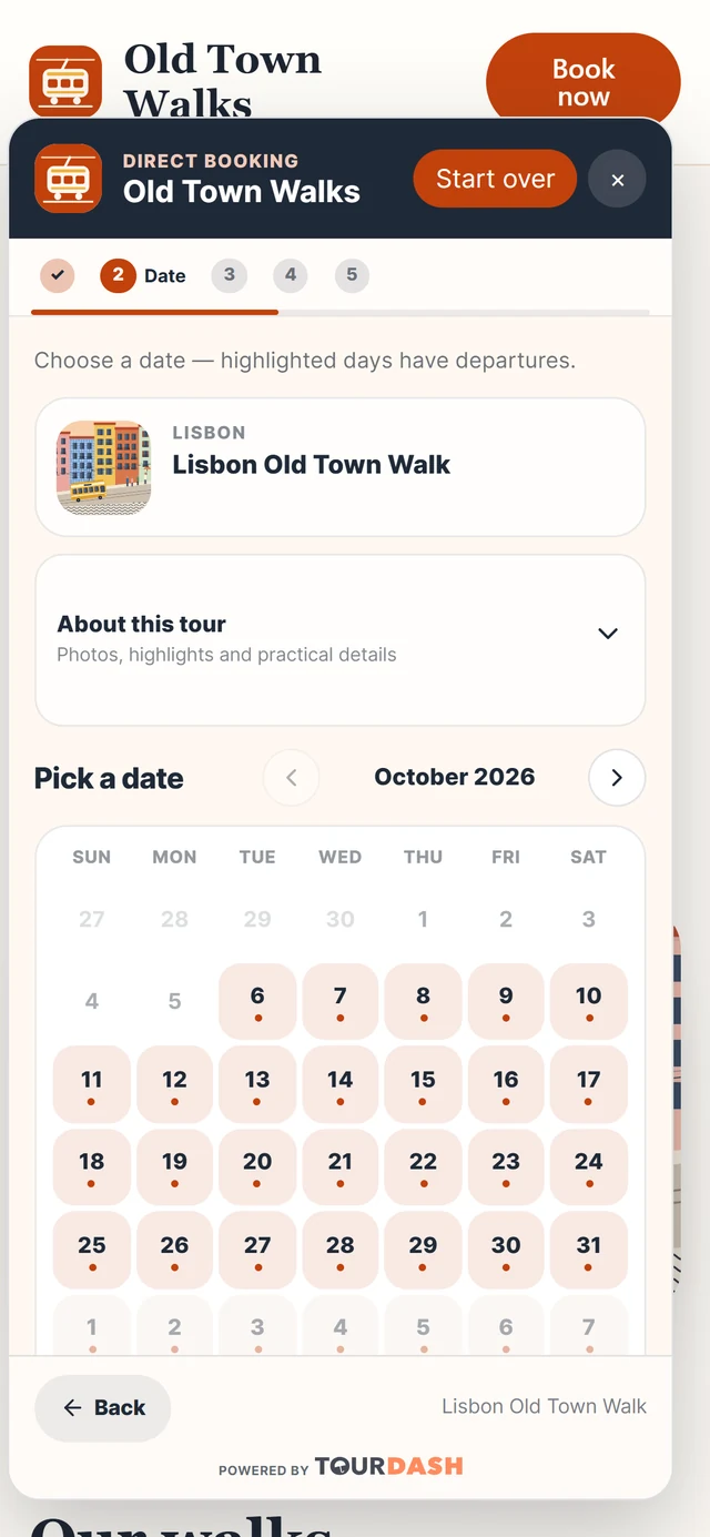 The widget on a phone at the date step: a month calendar with the days that have departures highlighted.