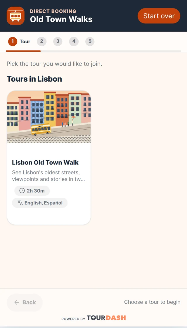 The booking link on a phone, showing the tour step with Lisbon Old Town Walk.