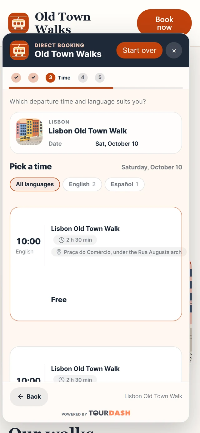 The widget on a phone at the time step: language filters and a 10:00 English departure, free.