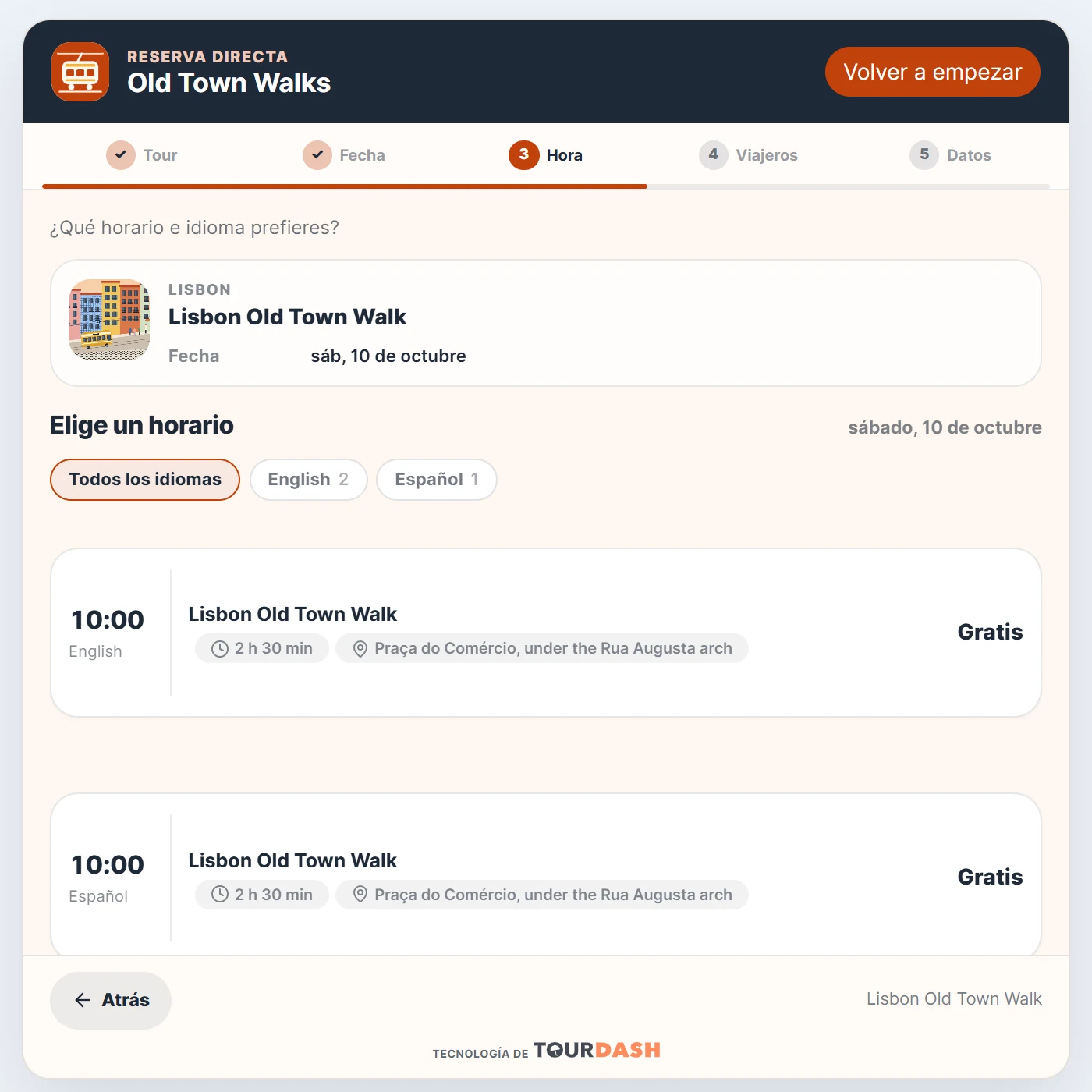 The widget in Spanish at the Hora step: Elige un horario, with Todos los idiomas, English and Español filters and free 10:00 departures.