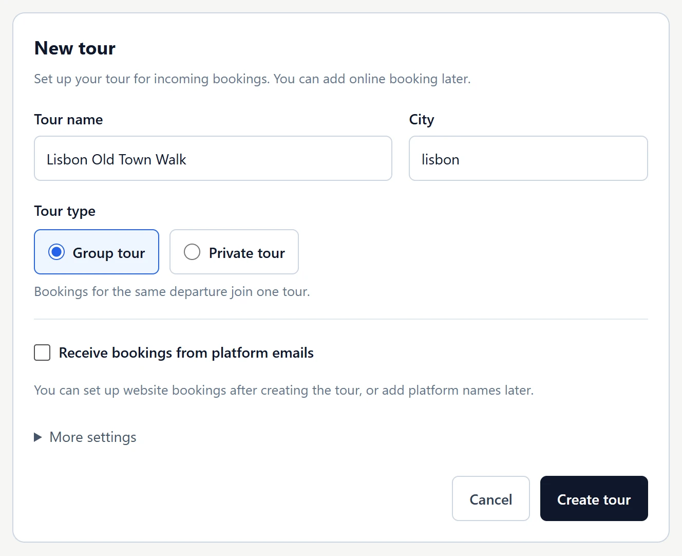 The New tour form with Tour name and City filled in, Group tour selected, Receive bookings from platform emails unticked and the Create tour button.