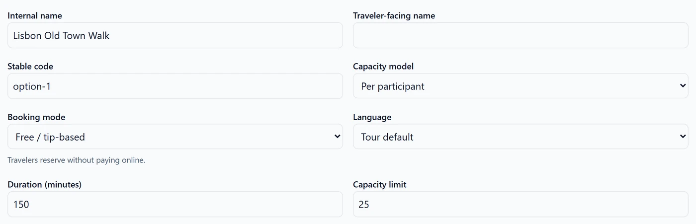 The booking option with Duration (minutes) set to 150 and Capacity limit set to 25.