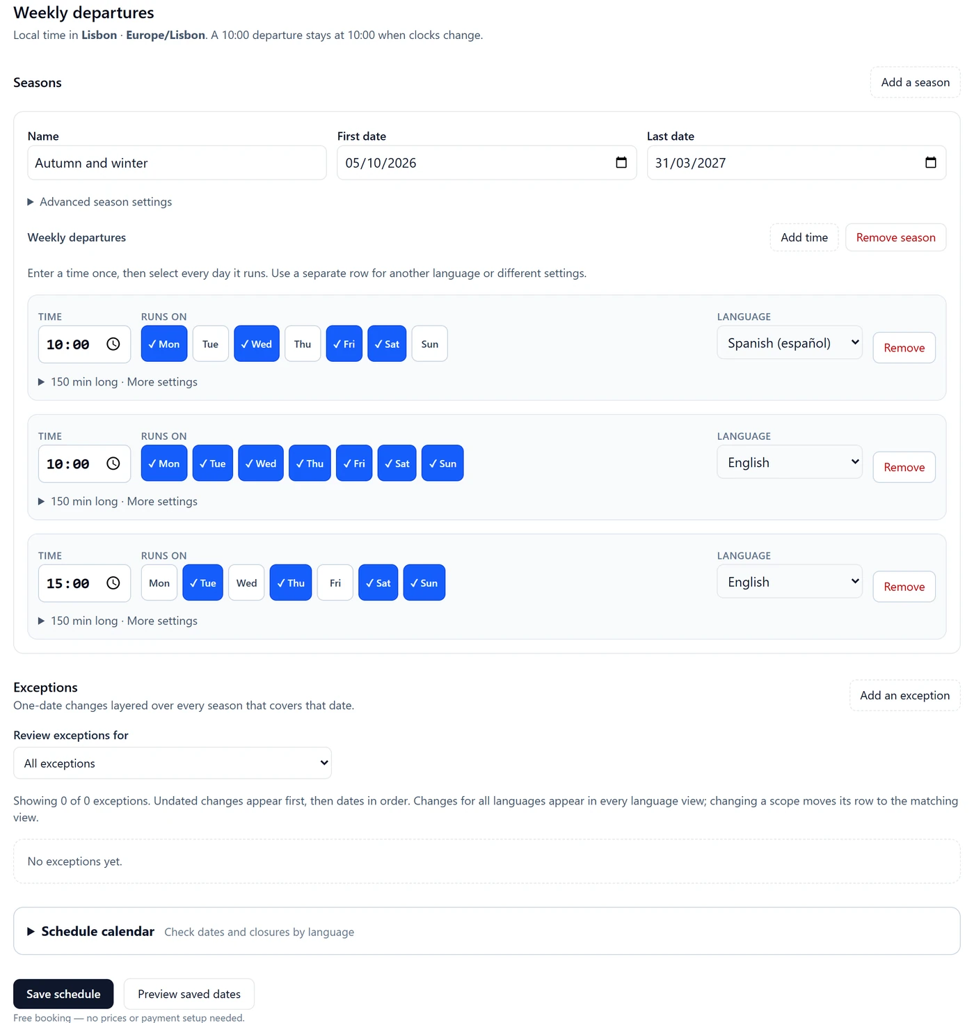 Weekly departures with the Autumn and winter season from 5 October 2026 to 31 March 2027: a 10:00 Spanish departure on Monday, Wednesday, Friday and Saturday, a 10:00 English departure every day, and a 15:00 English departure on Tuesday, Thursday, Saturday and Sunday. The Save schedule button is at the bottom.