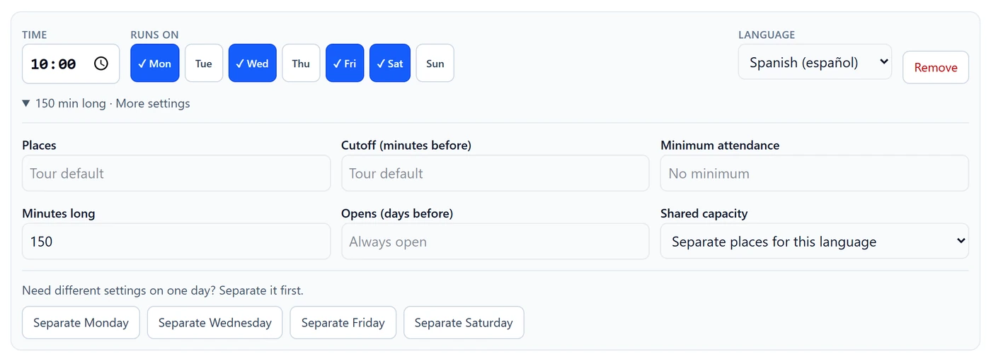 A departure row with More settings open: Places, Cutoff (minutes before), Minimum attendance, Minutes long set to 150, Opens (days before) and Shared capacity.