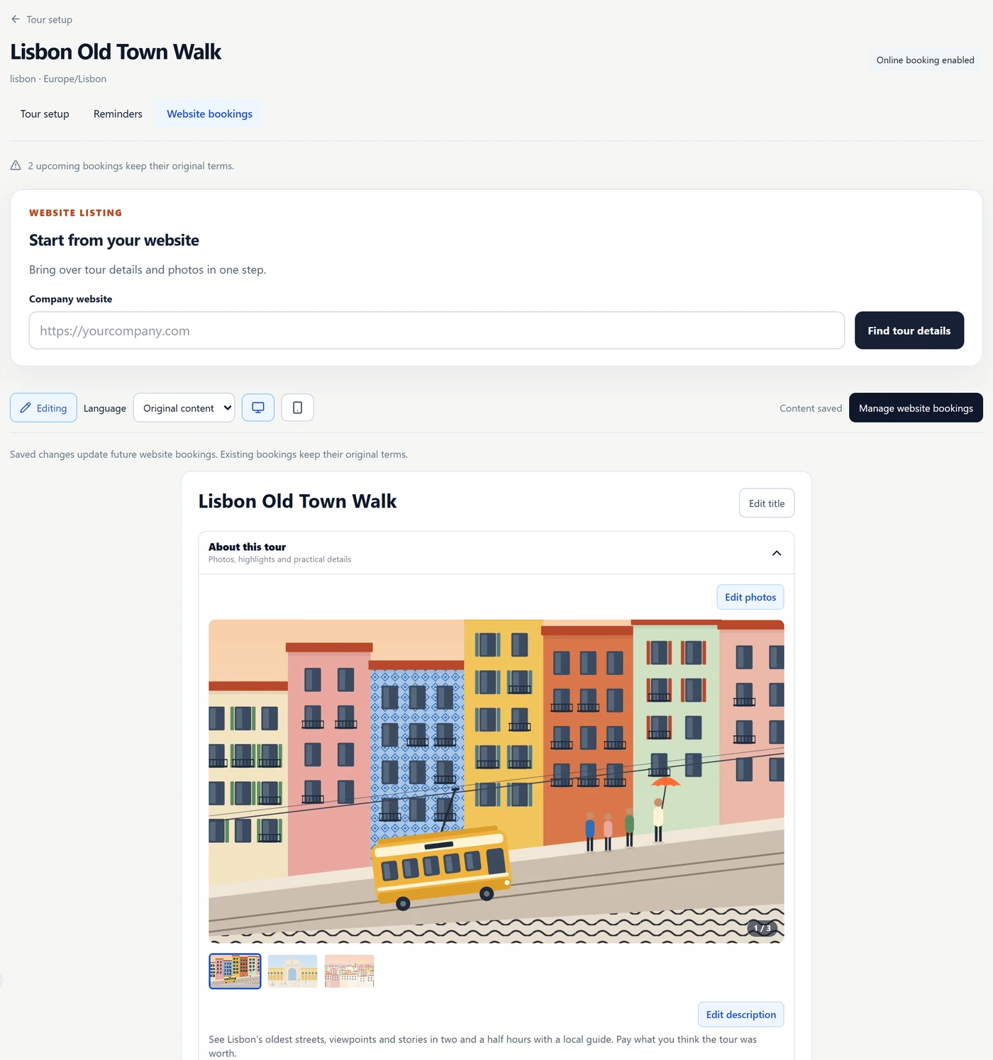The Website bookings tab: Start from your website, the editing toolbar with Manage website bookings, and the listing preview with Edit title, Edit photos and Edit description buttons.