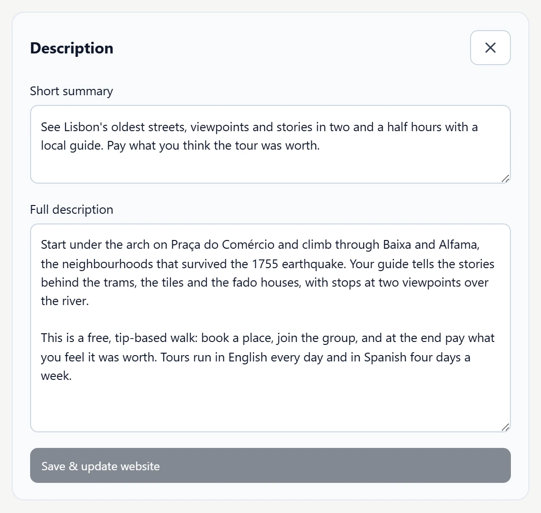 The Description panel with Short summary and Full description filled in, and the Save & update website button.
