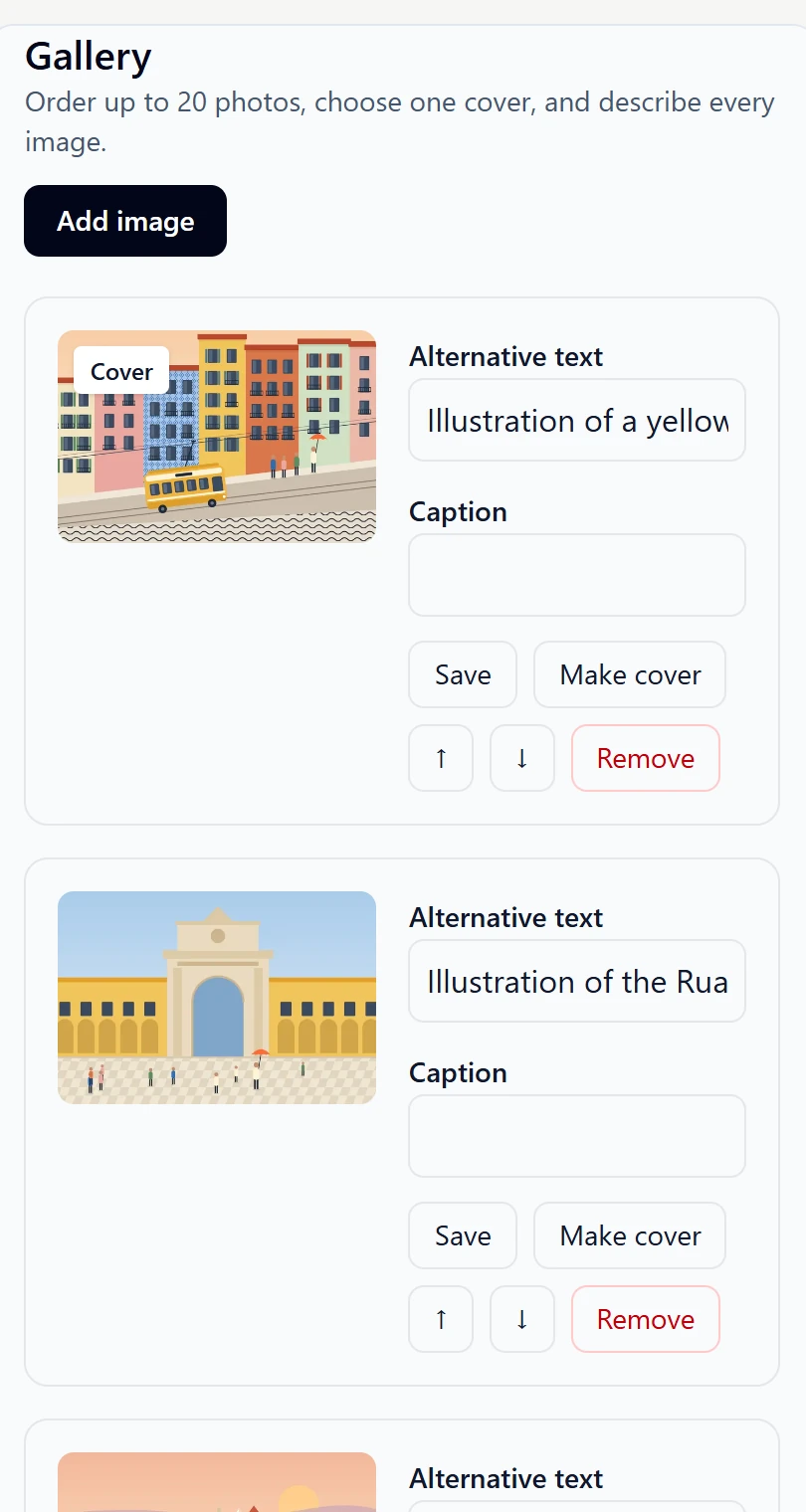 The Gallery panel: the Add image button, a first photo labelled Cover with its Alternative text and Save button, and a second photo with Make cover.
