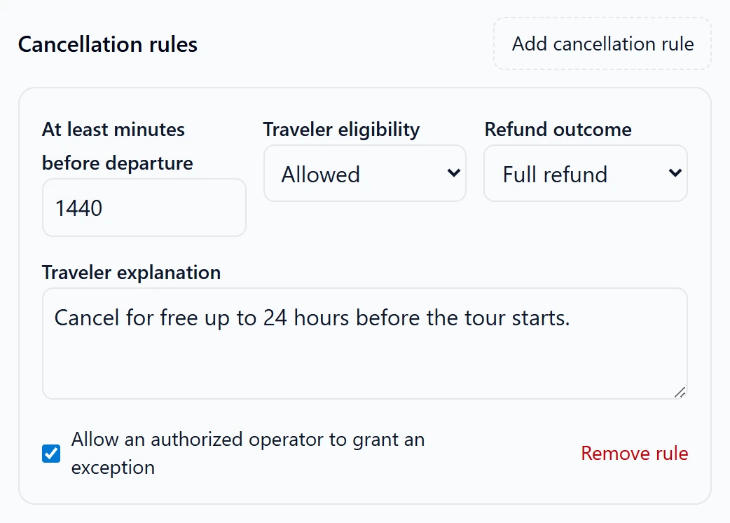 A cancellation rule: at least 1440 minutes before departure, travelers allowed, full refund, with the explanation Cancel for free up to 24 hours before the tour starts.