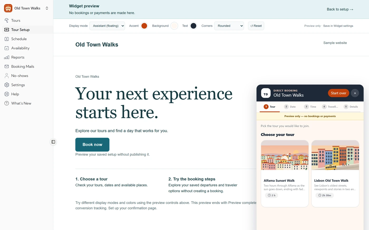 The widget preview: a banner saying No bookings or payments are made here, the preview controls with Display mode, and the widget open over a sample website.