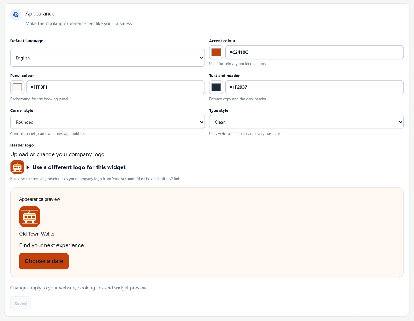 The Appearance form: Default language English, Accent colour, Panel colour and Text and header colours, Corner style, Type style, the Header logo with Use a different logo for this widget, an appearance preview and the save button.