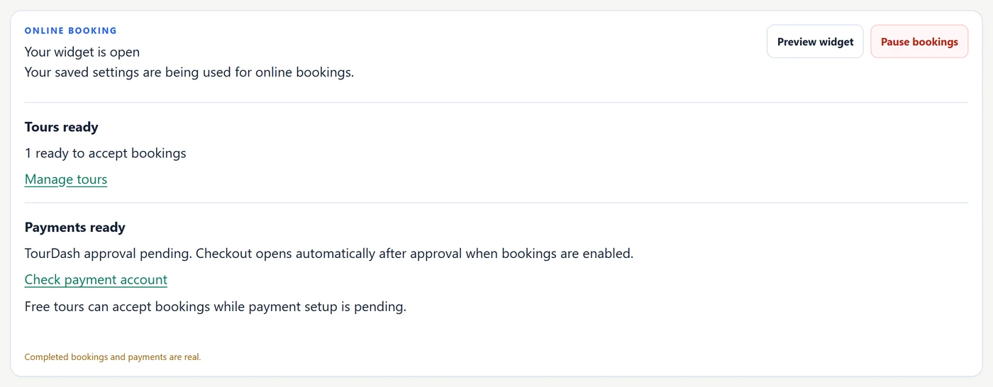 The Online booking panel saying Your widget is open, with Preview widget and Pause bookings buttons, Tours ready and Payments ready.