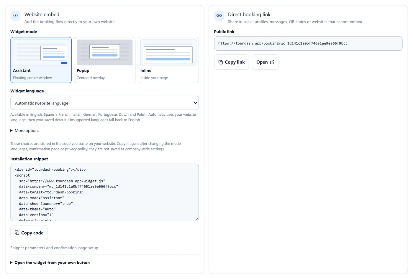 Website installation: the Website embed card with Widget mode (Assistant, Popup, Inline), Widget language, More options, the installation snippet and Copy code; the Direct booking link card with the Public link, Copy link and Open.