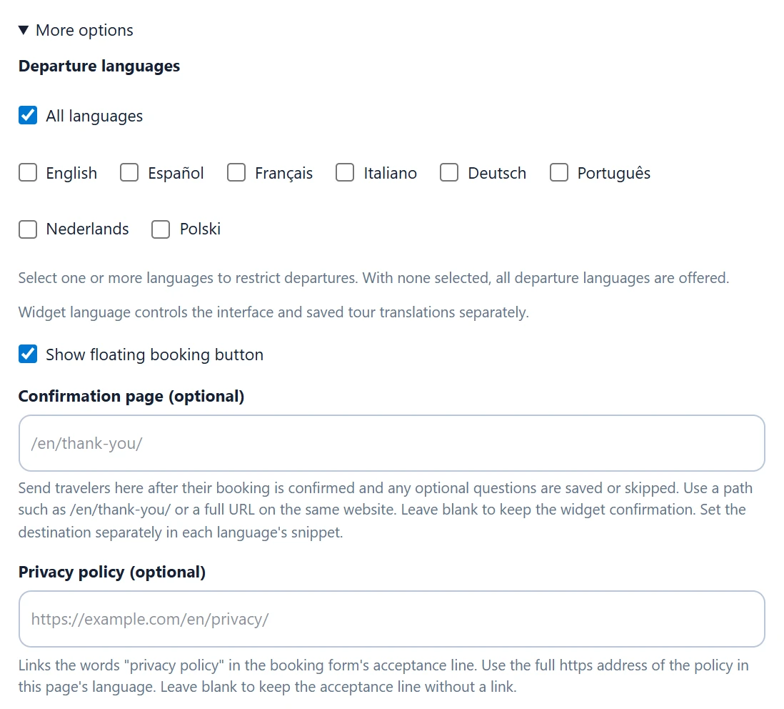 More options: Departure languages with All languages ticked, Show floating booking button, Confirmation page (optional) and Privacy policy (optional).