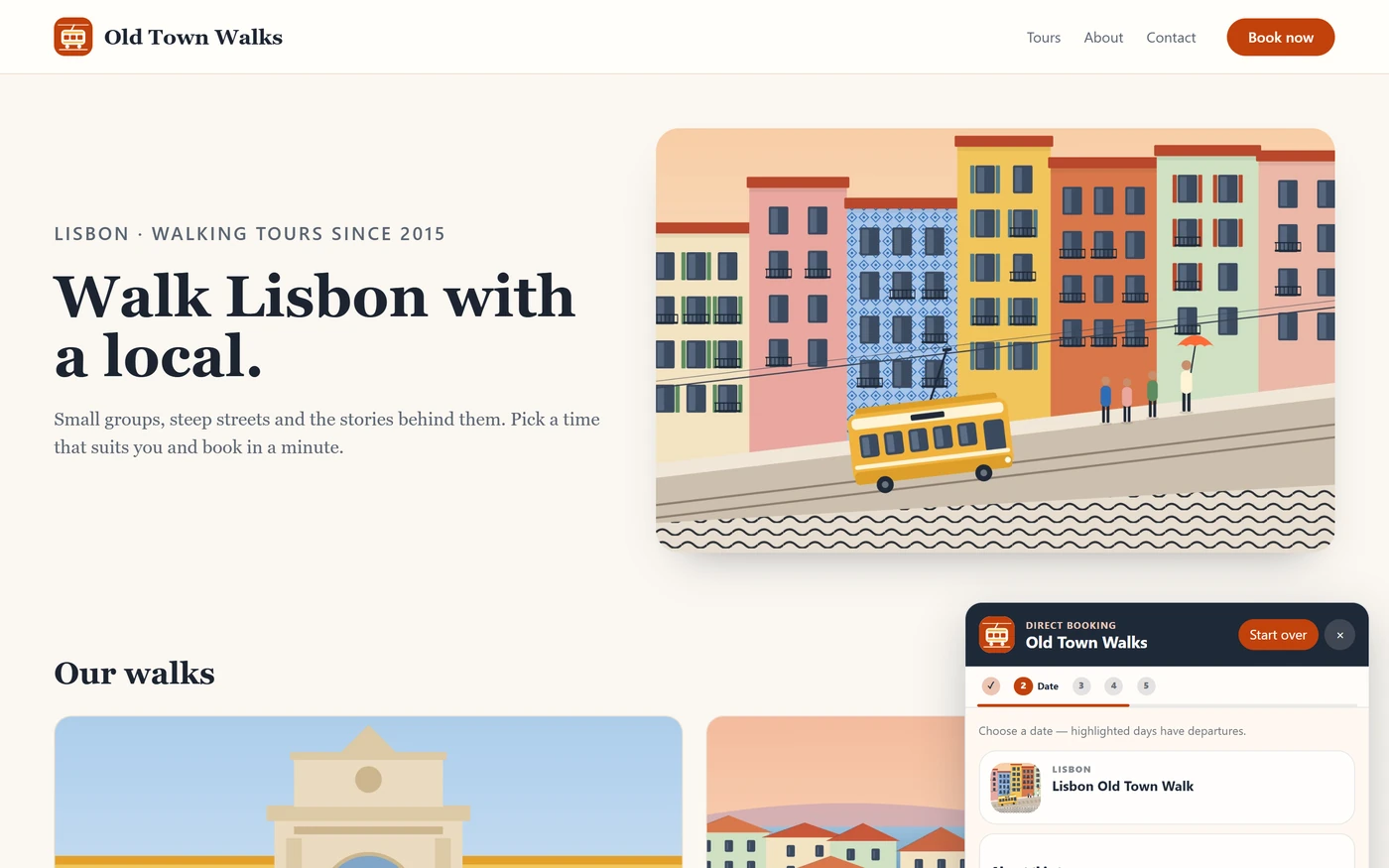 A tour company website with the widget open in Assistant mode in the bottom-right corner, showing the date step for Lisbon Old Town Walk.