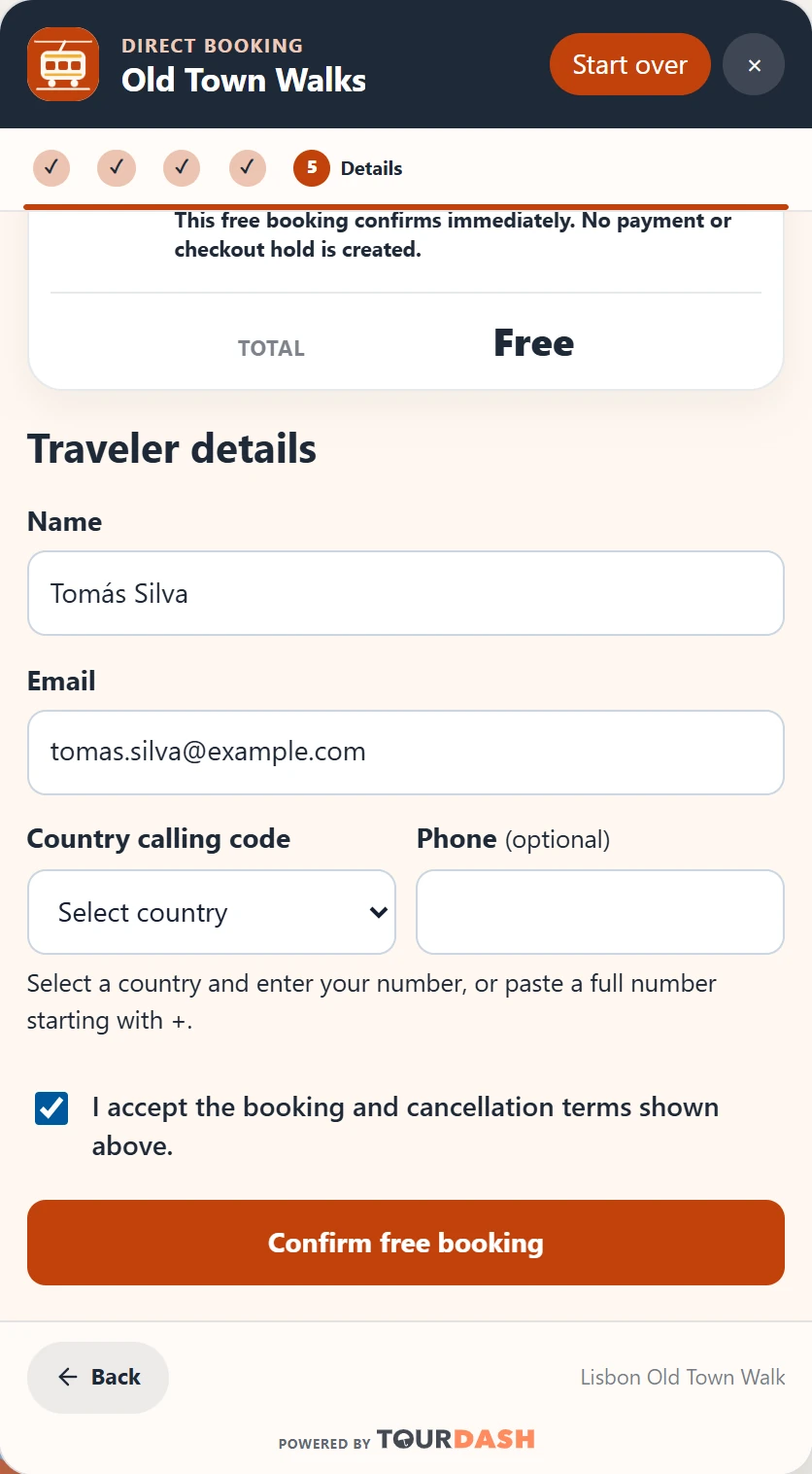 The widget's Details step with the booking summary, Name, Email, Country calling code and Phone (optional), the terms checkbox and the Confirm free booking button.