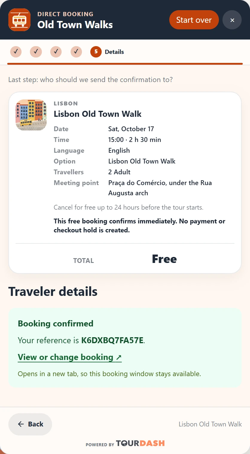 Booking confirmed, with the booking reference and a View or change booking link.