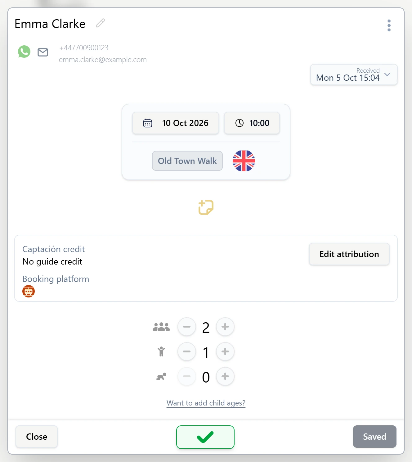 The booking details for Emma Clarke with date, time, tour, Booking platform showing the company logo, and 2 adults, 1 child and 0 infants.