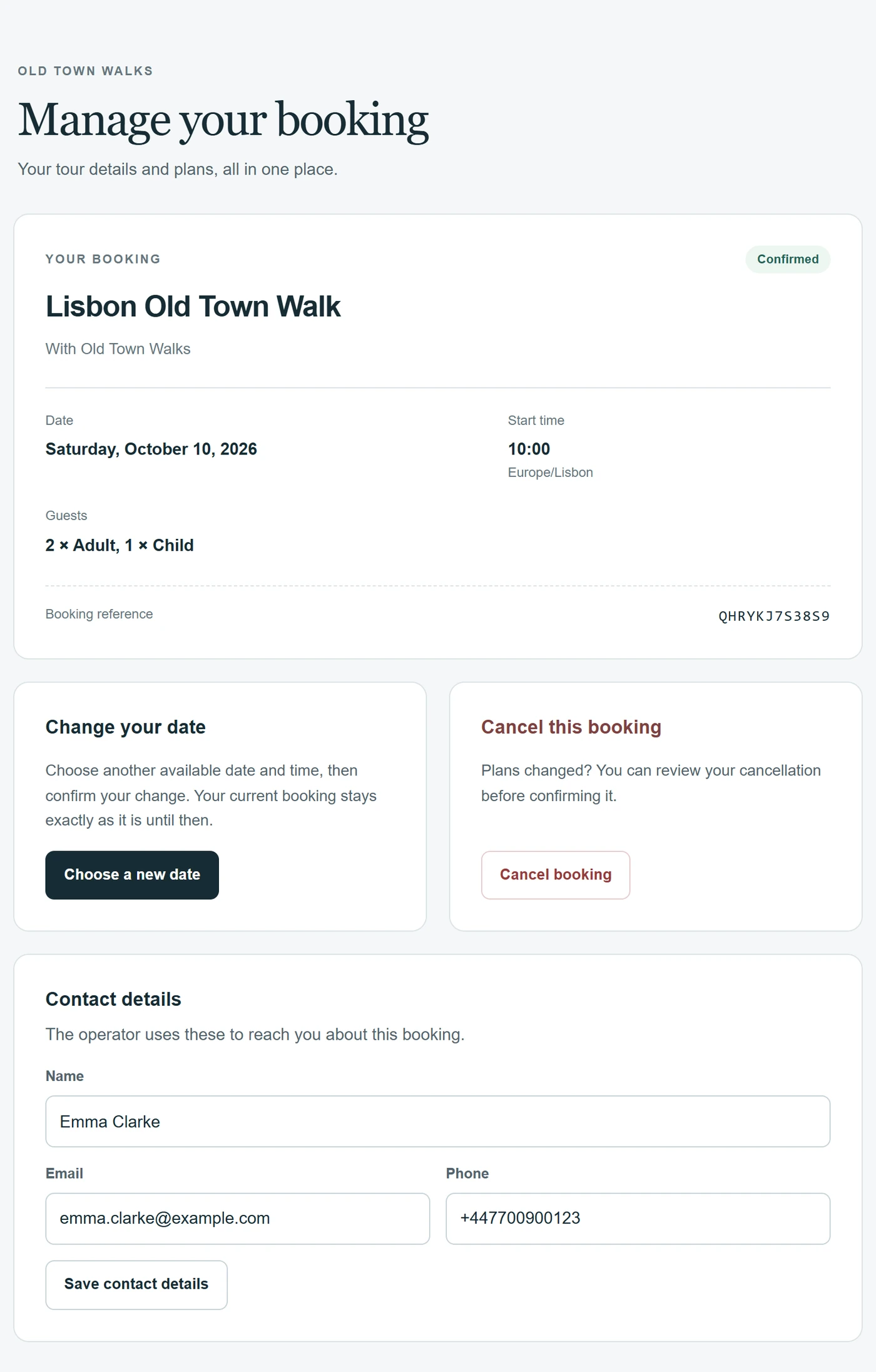 Manage your booking: the confirmed Lisbon Old Town Walk on Saturday 10 October 2026 at 10:00 for 2 adults and 1 child, with Change your date, Cancel this booking and Contact details.