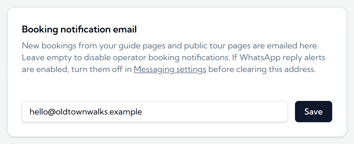 The Booking notification email card in Settings › General with an email address and the Save button.
