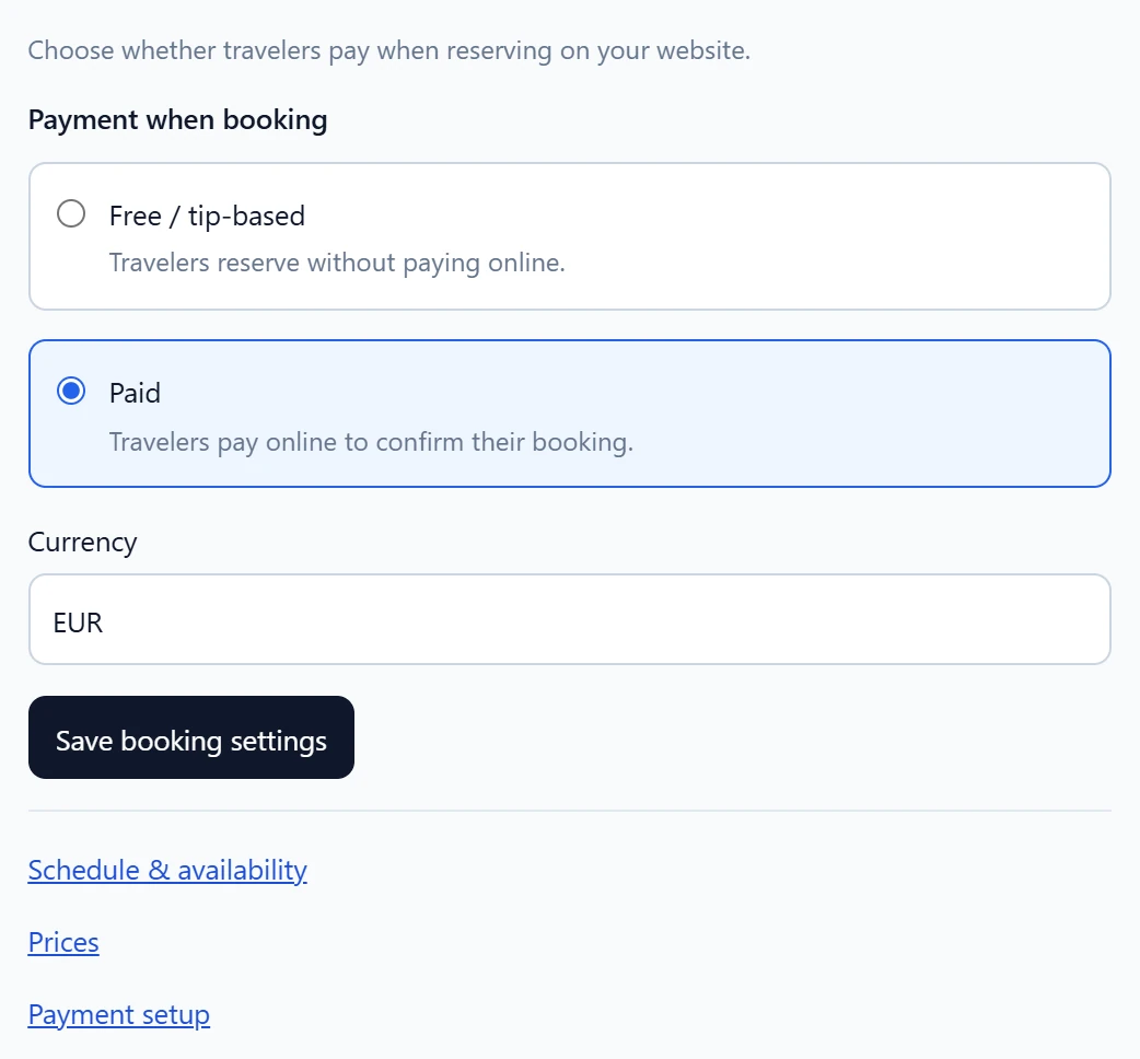 Payment when booking with Paid selected, Currency EUR and the Save booking settings button, followed by links to Schedule & availability, Prices and Payment setup.