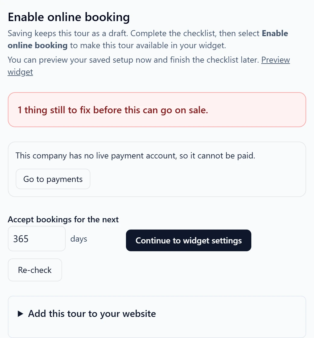 The tour's checklist: 1 thing still to fix. This company has no live payment account, so it cannot be paid. A Go to payments button.