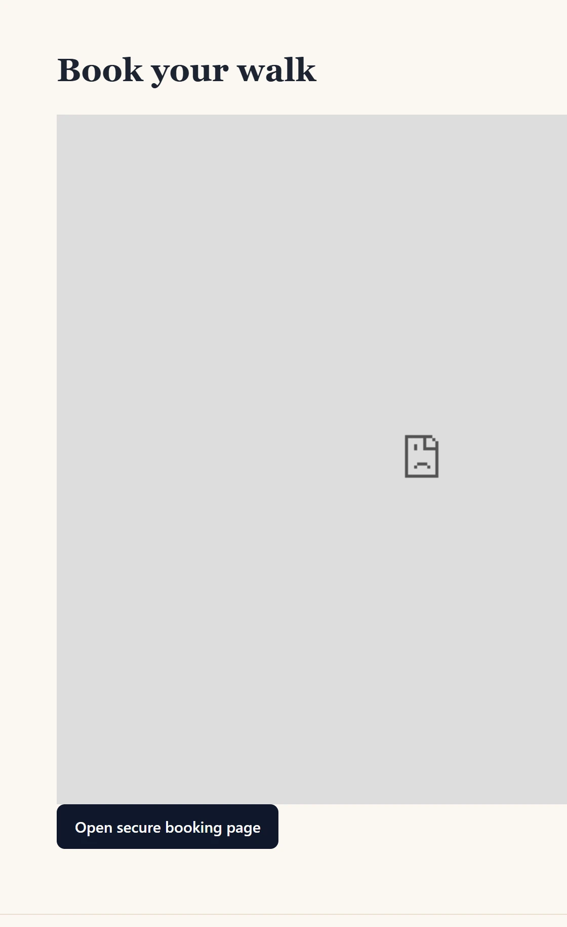 A website section where the widget area is blank and an Open secure booking page button appears below it.